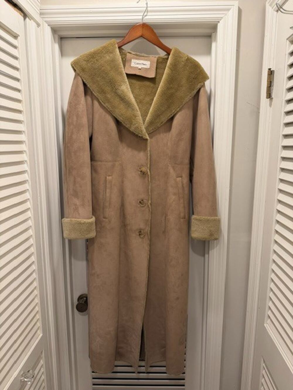 Vintage Calvin Klein Women’s Long Coat‎ Faux Suede Faux Fur Trim S Hooded